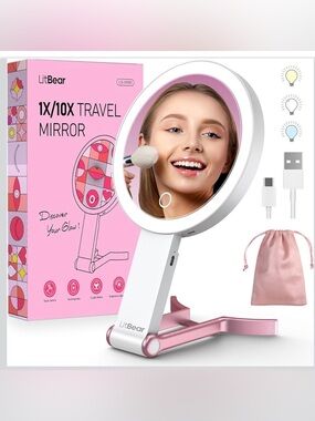 NIB LitBear Travel MakeUp Mirror Lighted Double Sided 10x/1x Rose Gold